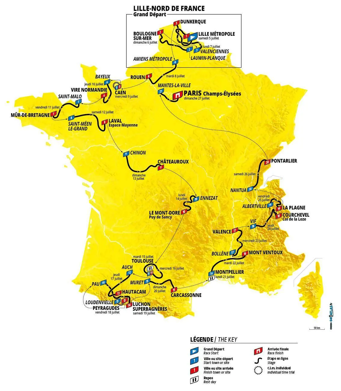 Official route map of Tour de France 2025, showing all stage locations across France including mountain finishes like Mont Ventoux, La Plagne, and Col de la Loze.