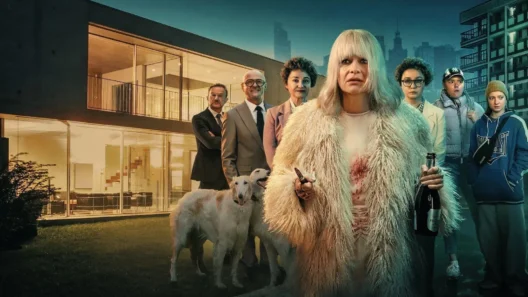 Aniela in a blood-stained fur coat holding a bottle, standing between two contrasting worlds – luxury mansion and gritty housing block – in a promotional image for the Netflix series Aniela.