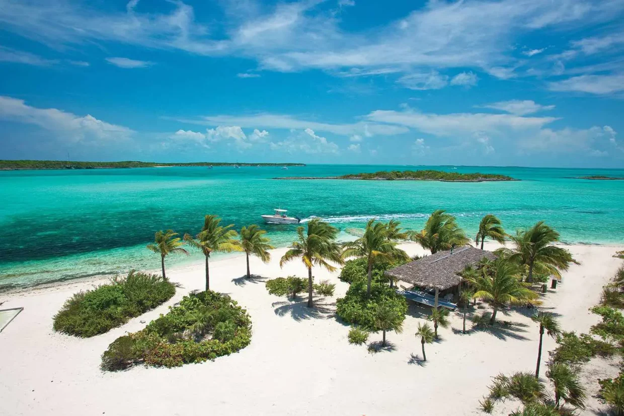 Aerial view of a secluded white sand beach with palm trees and turquoise waters in the Bahamas, perfect for luxury resort stays or island getaways.