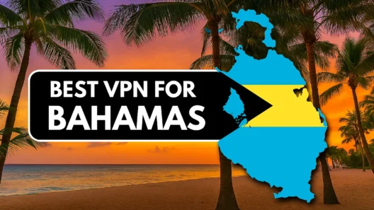 Promotional banner for the best VPNs in the Bahamas, featuring a tropical beach at sunset with palm trees, and the Bahamian flag inside a map-shaped outline of the islands.