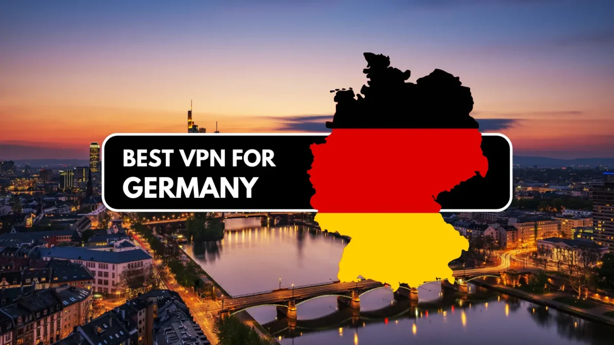 Silhouette of Germany with national flag colors over a cityscape background at sunset, featuring the title "Best VPN for Germany" in bold text.