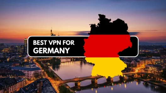 Silhouette of Germany with national flag colors over a cityscape background at sunset, featuring the title "Best VPN for Germany" in bold text.