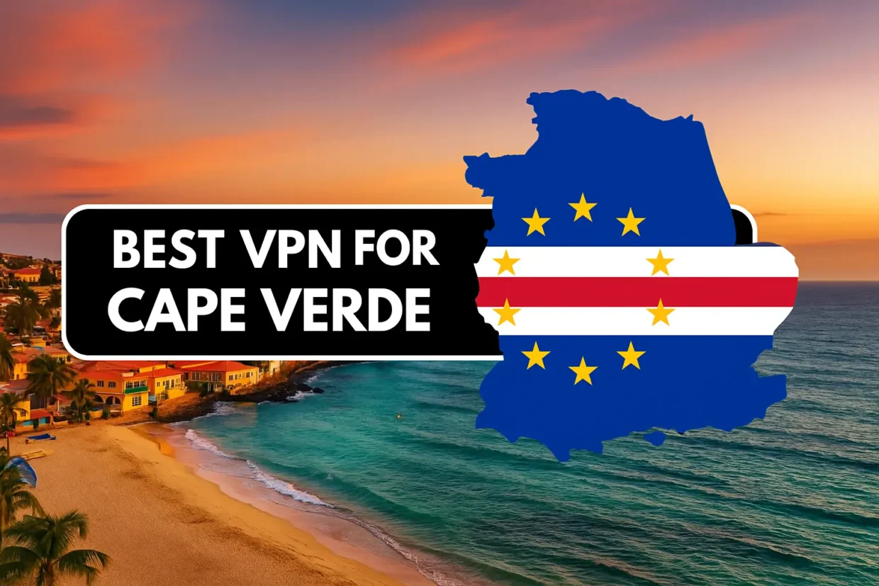 Cape Verde flag silhouette with 'Best VPN for Cape Verde' text over a tropical beach background at sunset, promoting secure internet access for travelers.