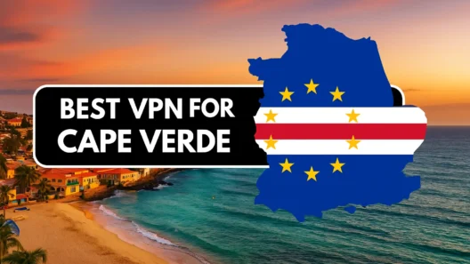 Cape Verde flag silhouette with 'Best VPN for Cape Verde' text over a tropical beach background at sunset, promoting secure internet access for travelers.