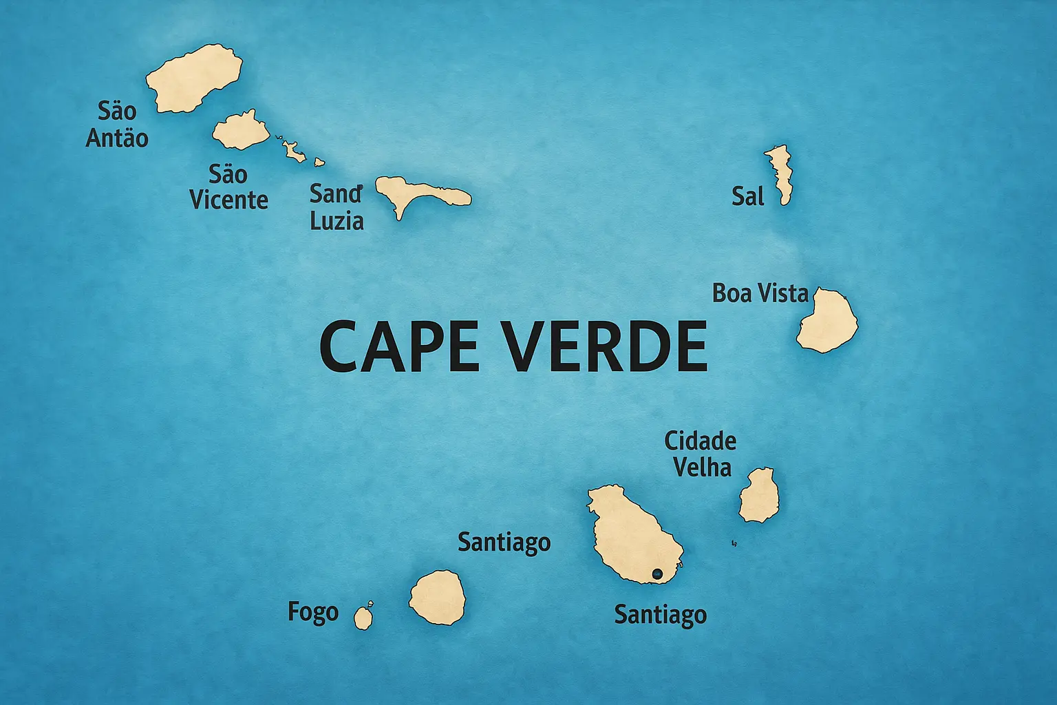 Detailed map of Cape Verde islands with major destinations like Sal, Boa Vista, and Santiago marked, useful for travelers planning VPN use across the region.