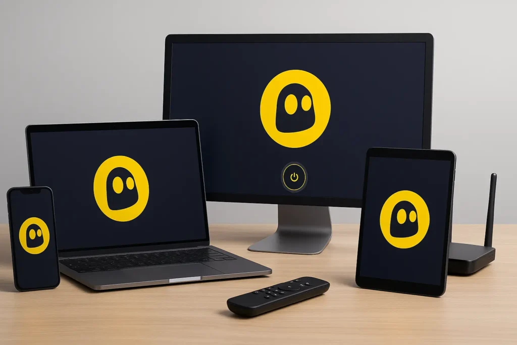 CyberGhost VPN interface displayed on multiple devices including smartphone, laptop, desktop monitor, tablet, TV remote, and router—all on a wooden desk.