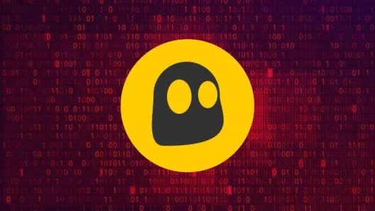 CyberGhost VPN logo on a red binary code background, symbolizing online privacy and data protection.