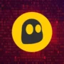 CyberGhost VPN logo on a red binary code background, symbolizing online privacy and data protection.