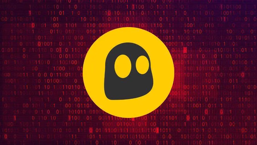 CyberGhost VPN logo on a red binary code background, symbolizing online privacy and data protection.