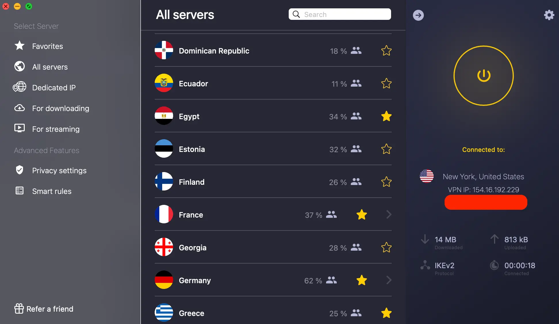 CyberGhost VPN desktop app interface showing server list by country, active connection to New York, and VPN status details.