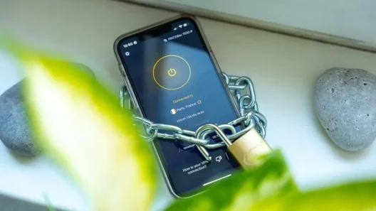 Smartphone displaying the CyberGhost VPN app connected to a Paris server, wrapped in a chain with a padlock to symbolize a secure, protected connection.