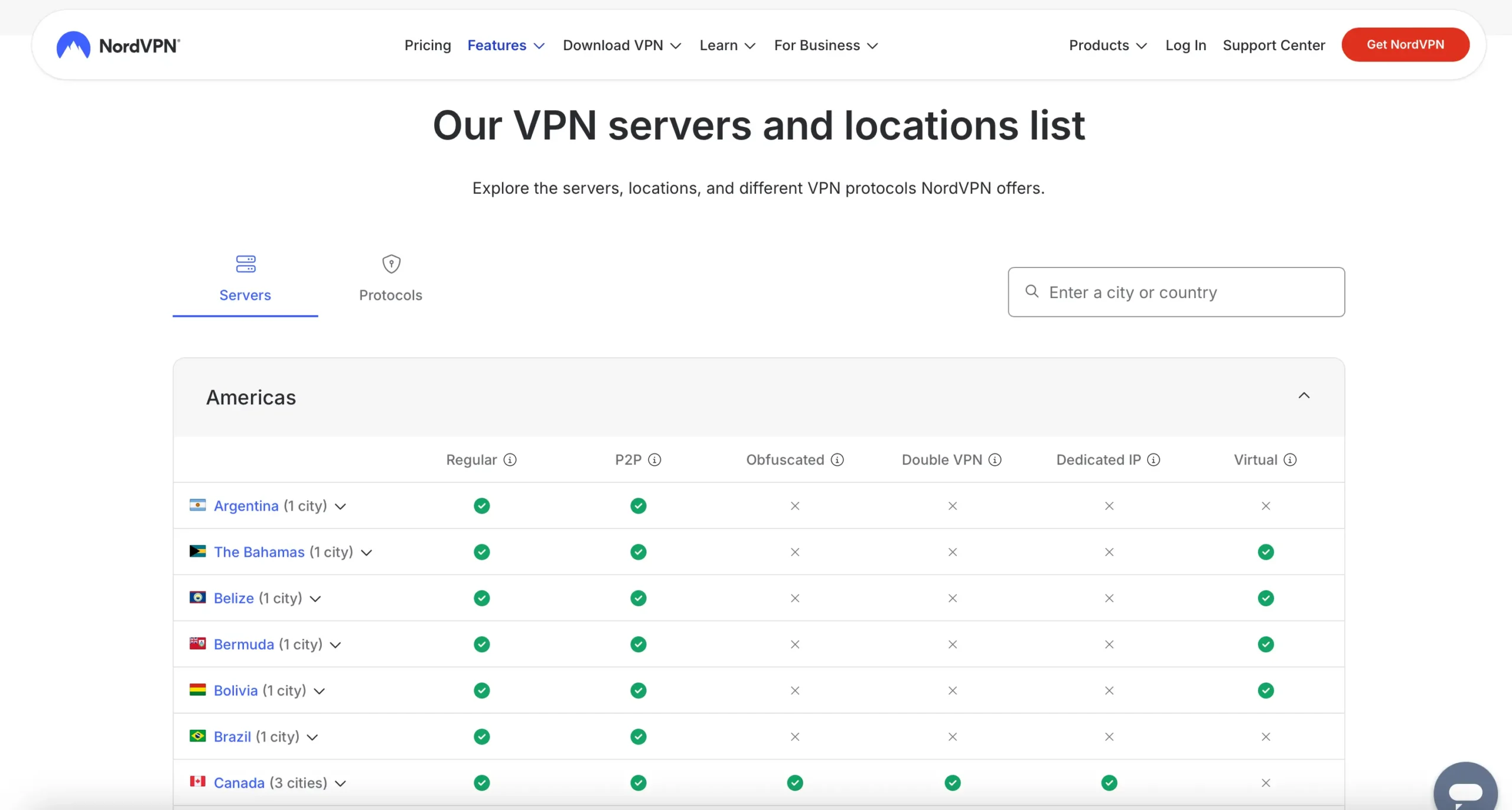 Screenshot of NordVPN server and location list for the Americas, showing available features like P2P support, obfuscated servers, Double VPN, and virtual locations by country.
