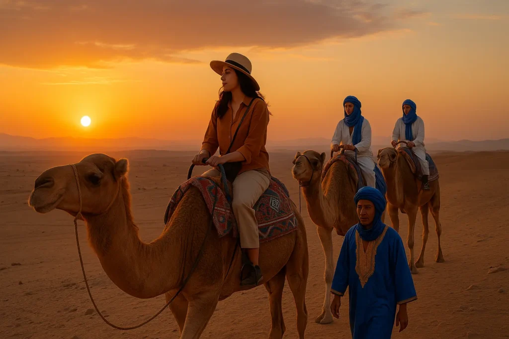 Camel caravan at sunset in the Moroccan desert near Marrakesh, with tourists riding camels and a local Berber guide leading the way.