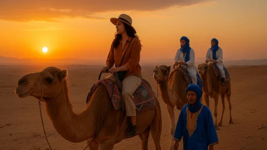 Camel caravan at sunset in the Moroccan desert near Marrakesh, with tourists riding camels and a local Berber guide leading the way.
