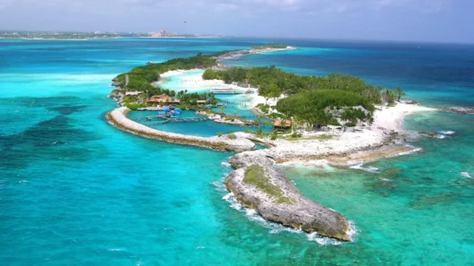 Scenic aerial view of Blue Lagoon Island surrounded by vibrant blue sea and white sandy beaches near Nassau, Bahamas.