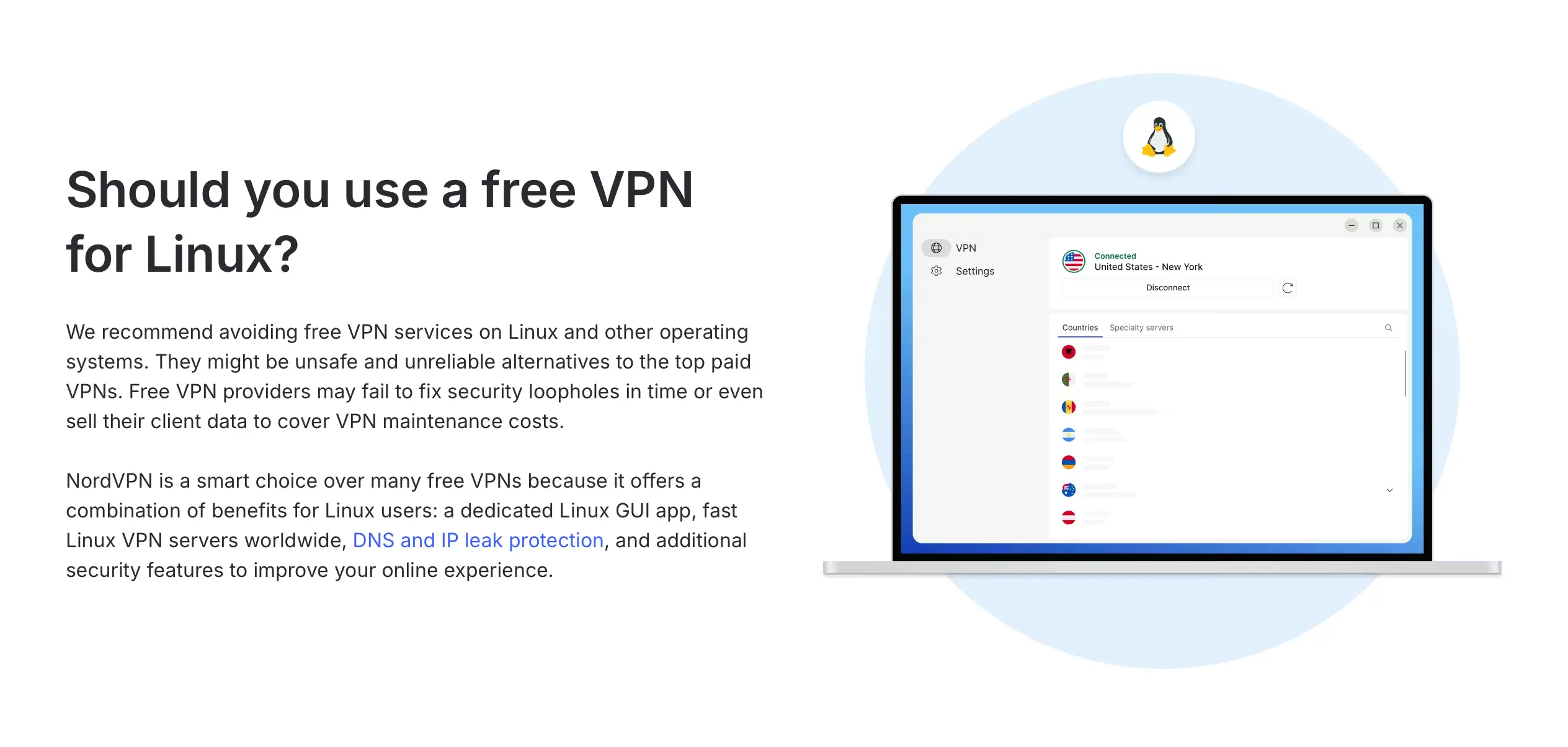 Illustration showing NordVPN’s Linux GUI app with a warning about the risks of using free VPNs on Linux, highlighting benefits like DNS and IP leak protection.