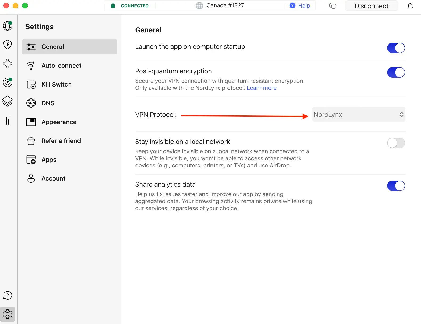 Screenshot of the NordVPN settings menu showing NordLynx selected as the VPN protocol, with post-quantum encryption enabled and other options like Kill Switch and DNS visible.