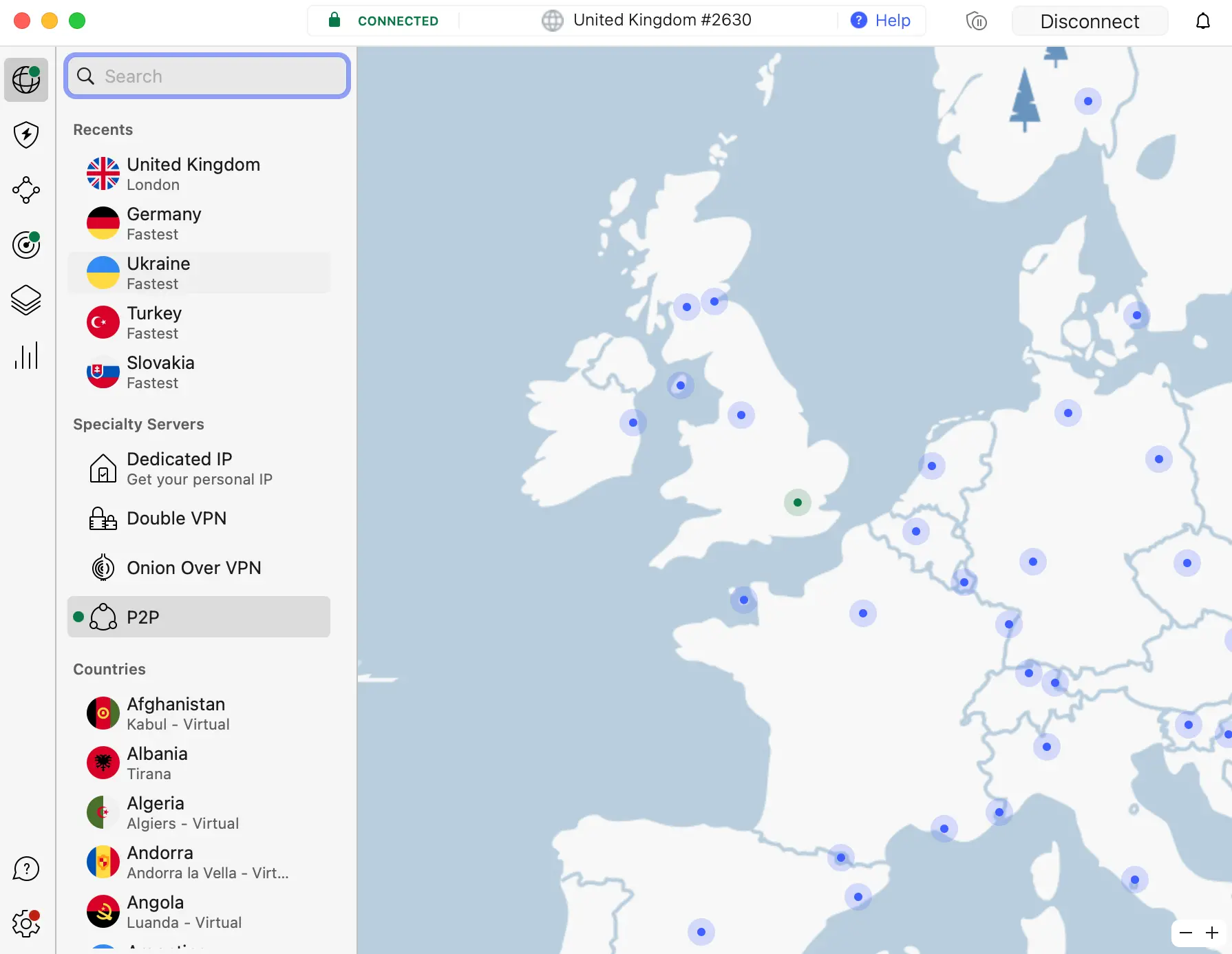 Screenshot of NordVPN app on macOS showing server map in Europe, with the user connected to a United Kingdom server and options like P2P, Double VPN, and Onion Over VPN visible.