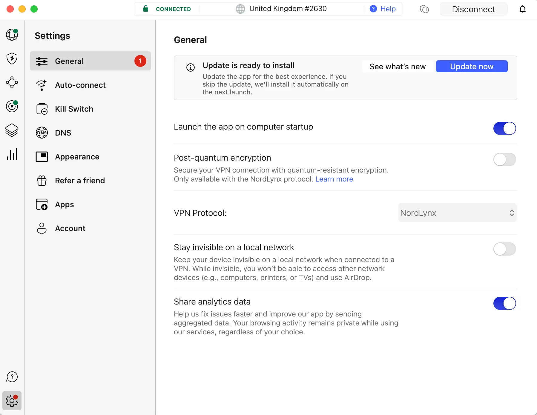 Screenshot of NordVPN app settings on macOS, showing the General tab with options like VPN protocol (NordLynx), post-quantum encryption, and launch on startup.