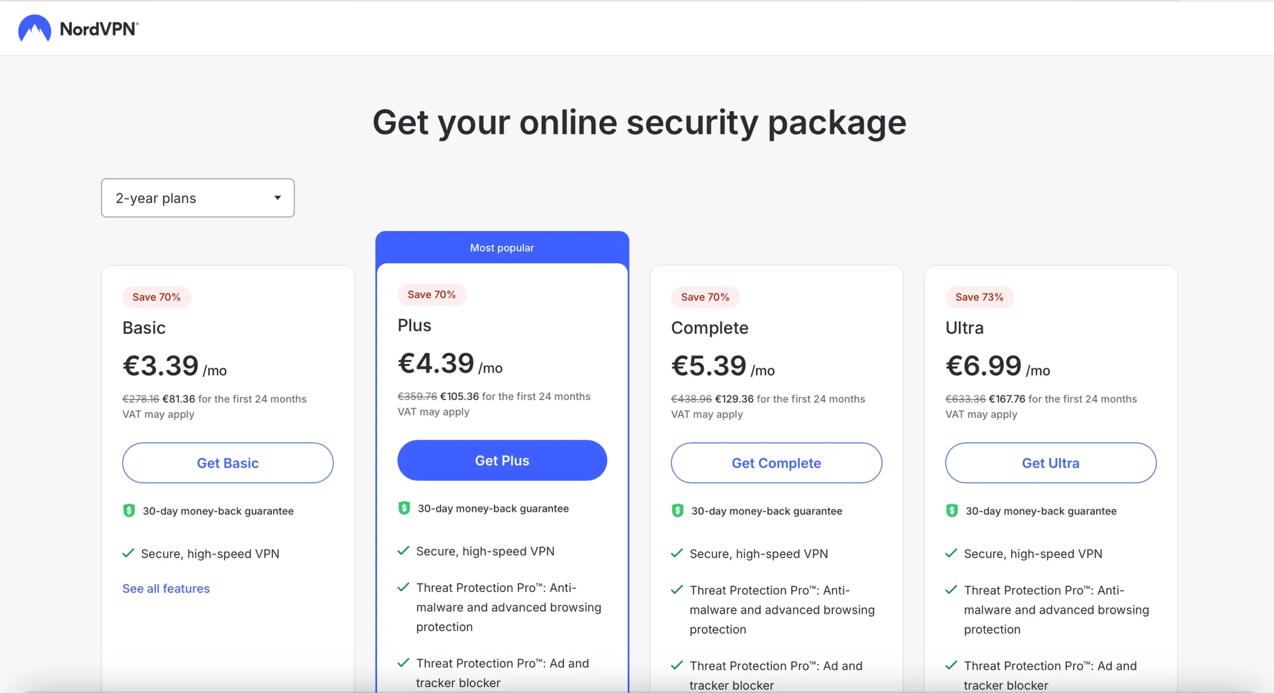 Screenshot of NordVPN pricing plans showing Basic (€3.39/month), Plus (€4.39/month), Complete (€5.39/month), and Ultra (€6.99/month) for 2-year subscriptions with 30-day money-back guarantee.