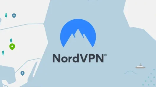 NordVPN logo over simplified world map showing VPN server locations in North America and Europe.
