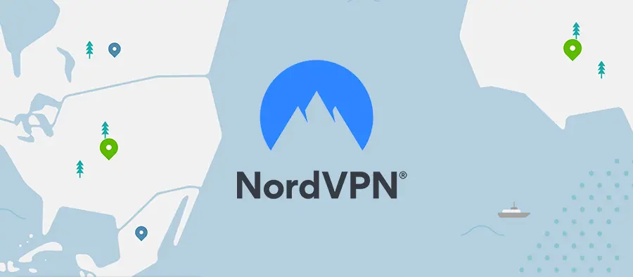 NordVPN logo over simplified world map showing VPN server locations in North America and Europe.