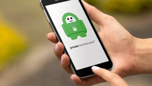 Person holding a smartphone displaying the Private Internet Access VPN app with its green padlock mascot on the screen.