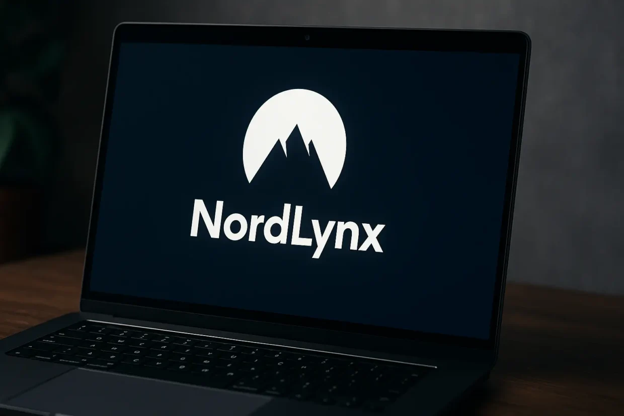 Laptop displaying the NordLynx VPN logo on screen, set on a wooden desk with a blurred plant and gray wall in the background, captured in soft lighting.