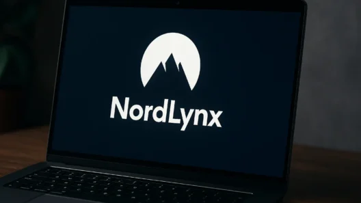 Laptop displaying the NordLynx VPN logo on screen, set on a wooden desk with a blurred plant and gray wall in the background, captured in soft lighting.