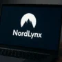 Laptop displaying the NordLynx VPN logo on screen, set on a wooden desk with a blurred plant and gray wall in the background, captured in soft lighting.