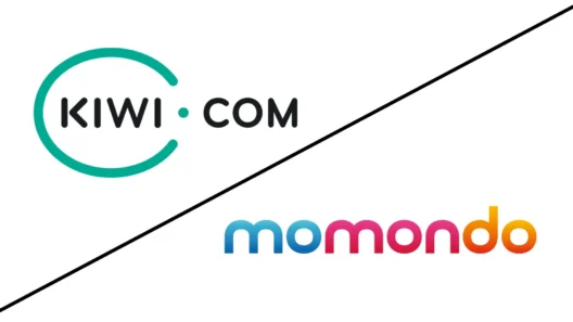Side-by-side comparison of Kiwi.com and Momondo logos, representing two popular flight search platforms.