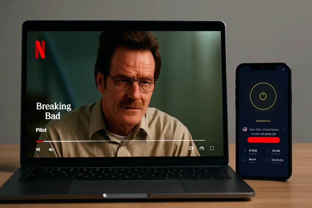 A laptop streaming Netflix while connected to CyberGhost VPN, with a smartphone, tablet, and TV in the background – all devices running the VPN simultaneously.