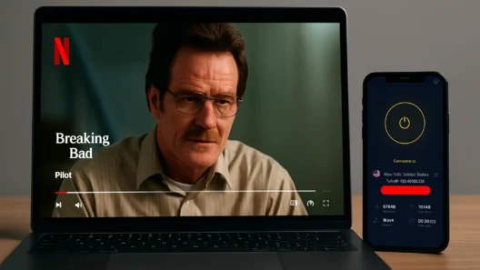 A laptop streaming Netflix while connected to CyberGhost VPN, with a smartphone, tablet, and TV in the background – all devices running the VPN simultaneously.