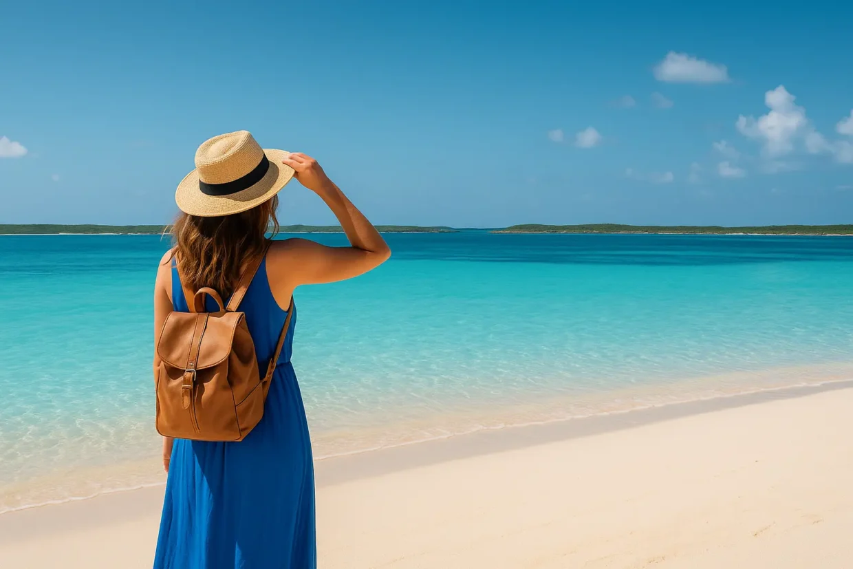 A woman in a blue dress and straw hat with a leather backpack stands on a tropical beach in the Bahamas, looking out at turquoise waters and distant islands.