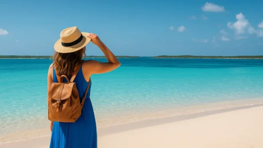A woman in a blue dress and straw hat with a leather backpack stands on a tropical beach in the Bahamas, looking out at turquoise waters and distant islands.