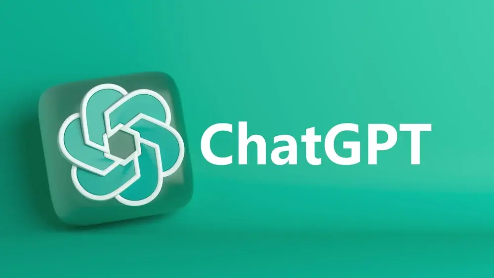3D logo of ChatGPT with white text on a green gradient background, symbolizing artificial intelligence and conversation technology.