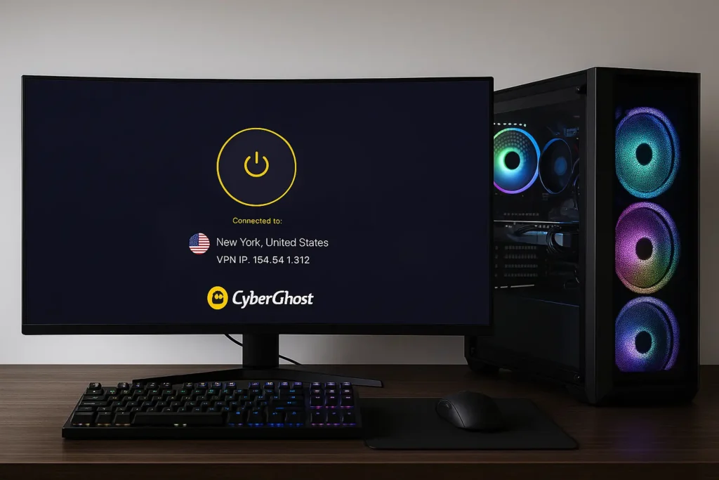 High-end gaming PC setup with an ultrawide monitor, RGB lighting, and CyberGhost VPN running in the background – perfect for low-lag online gaming.
