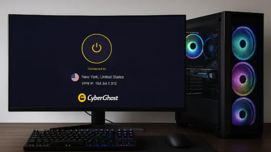 High-end gaming PC setup with an ultrawide monitor, RGB lighting, and CyberGhost VPN running in the background – perfect for low-lag online gaming.