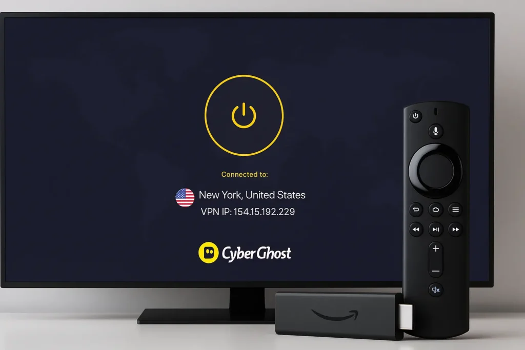 CyberGhost VPN connected on a Smart TV with New York server, showing a Firestick device and remote in front of the screen.