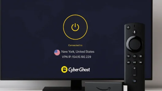 CyberGhost VPN connected on a Smart TV with New York server, showing a Firestick device and remote in front of the screen.