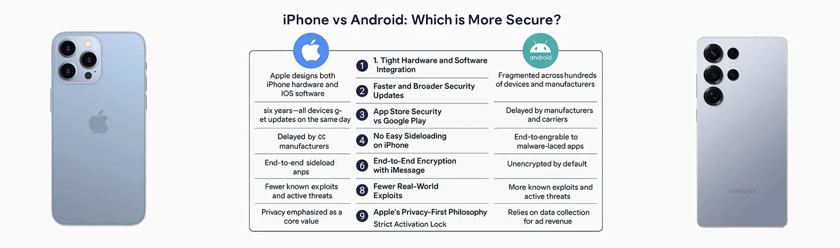 Comparison of iPhone vs Android security—table showing key differences in updates, encryption, data protection, and threats. Includes images of iPhone and Samsung devices.