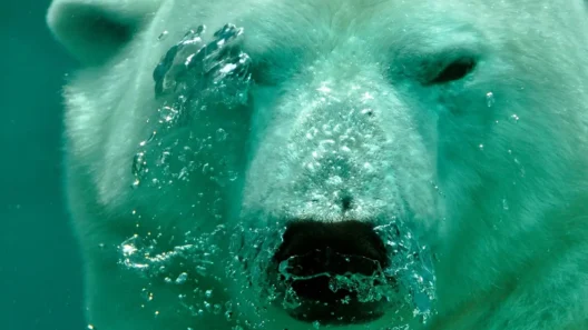 Underwater view of a polar bear’s face, surrounded by rising air bubbles as it swims beneath the surface in clear blue water.