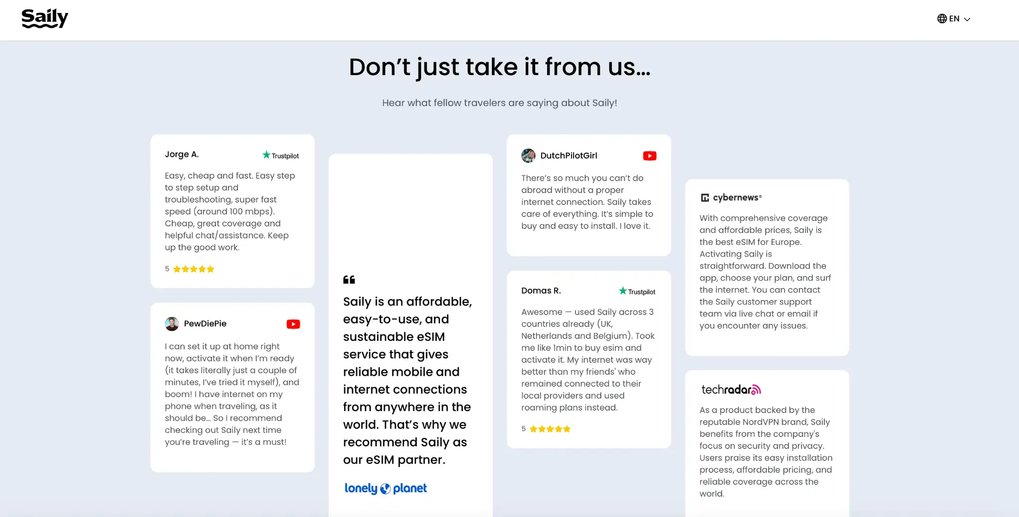 Customer reviews and expert endorsements of Saily eSIM from Trustpilot and tech media