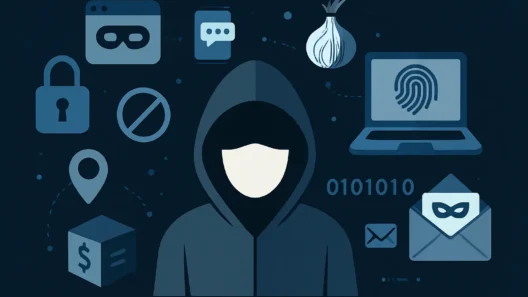 A faceless, hooded figure sits at a computer, surrounded by digital privacy symbols—lock, incognito browser, Tor onion, cryptocurrency icon, and a fingerprint—on a blue, tech-inspired background.
