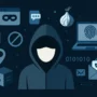 A faceless, hooded figure sits at a computer, surrounded by digital privacy symbols—lock, incognito browser, Tor onion, cryptocurrency icon, and a fingerprint—on a blue, tech-inspired background.