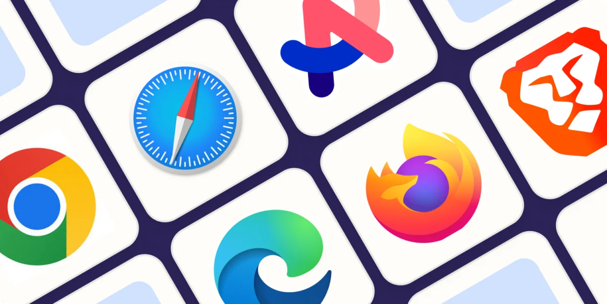 Logos of popular web browsers including Chrome, Firefox, Safari, Edge, Brave, and others displayed in a grid pattern