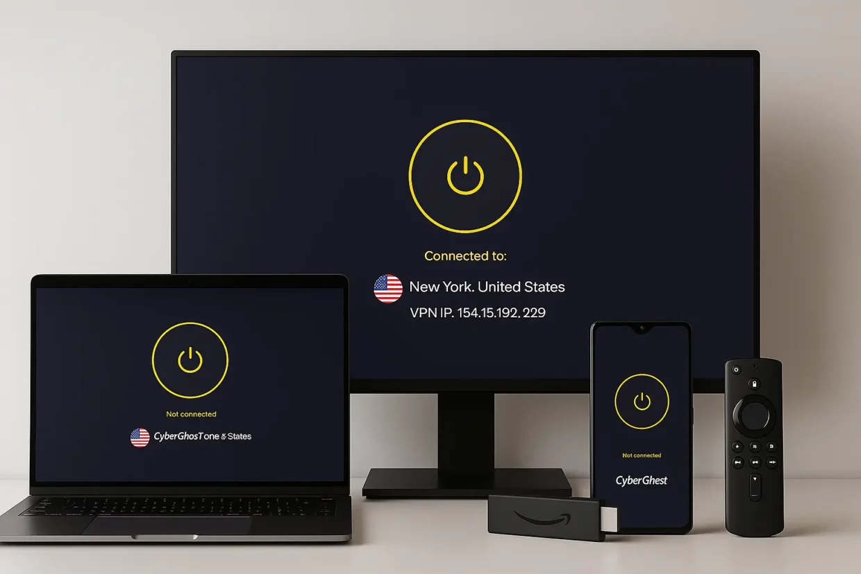 CyberGhost VPN setup displayed on a laptop screen with various devices nearby, illustrating multi-device compatibility in a real-life setting.