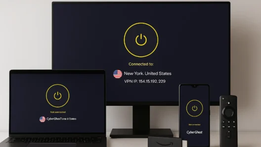 CyberGhost VPN setup displayed on a laptop screen with various devices nearby, illustrating multi-device compatibility in a real-life setting.