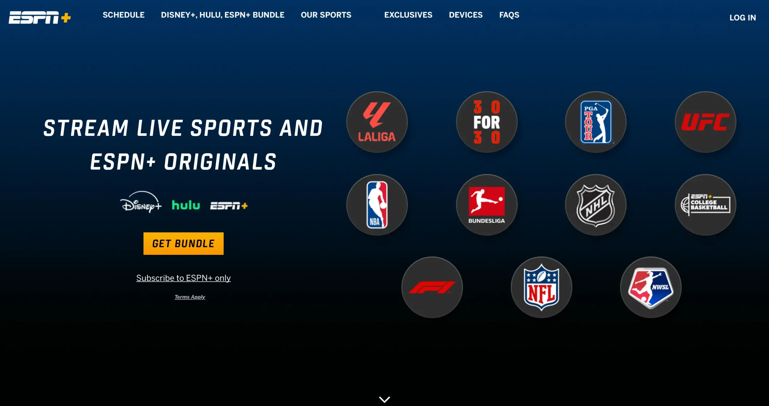 A screenshot of the ESPN+ website showing the headline "Stream Live Sports and ESPN+ Originals" and logos of sports leagues like the NFL, NHL, UFC, and LaLiga.