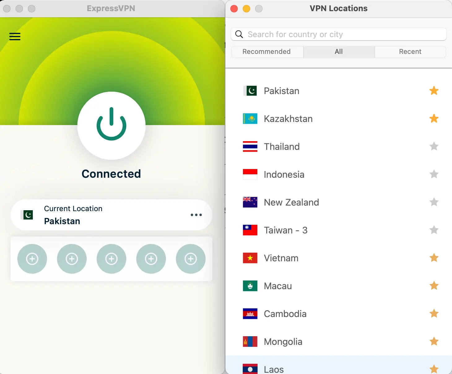 ExpressVPN connected to a VPN server in Pakistan on macOS, showing available locations including Thailand, Kazakhstan, and Laos.